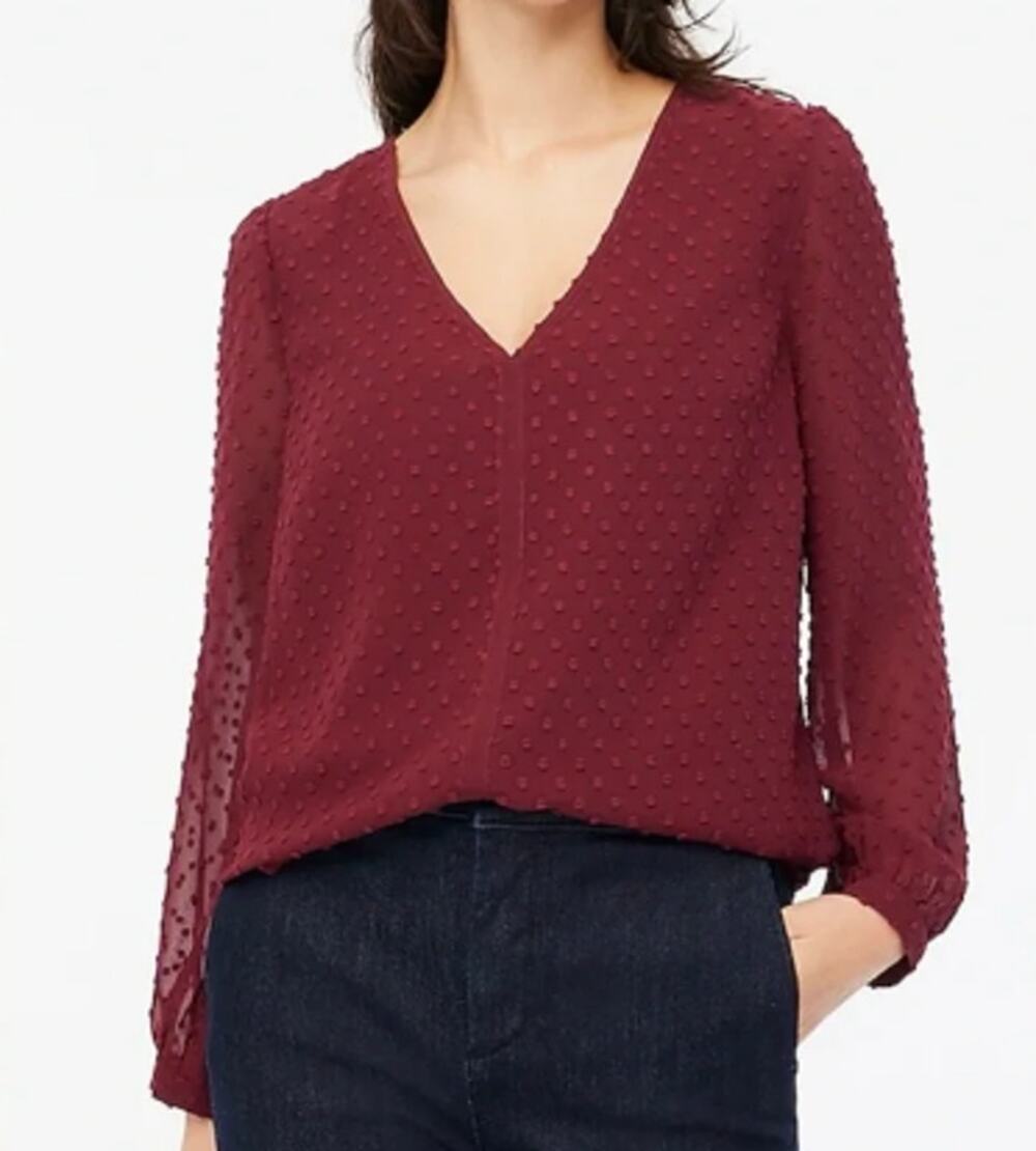 J.Crew PXS V Neck Clip Dot Blouse Vintage Burgundy Sheer Long Sleeve Top Blouse